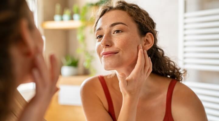 Woman looking at her skin on a mirror